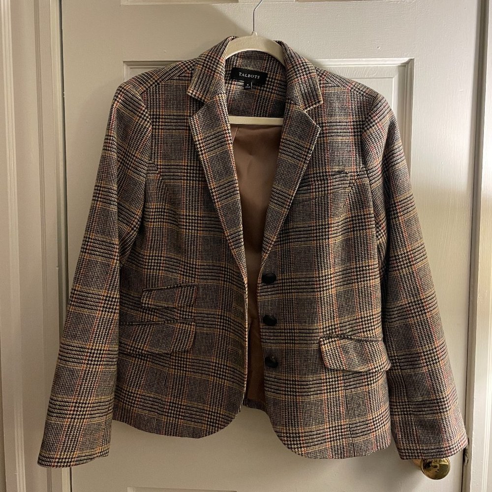 Talbots Blazer in Tan Plaid, Size 8, thrifted and in excellent condition!